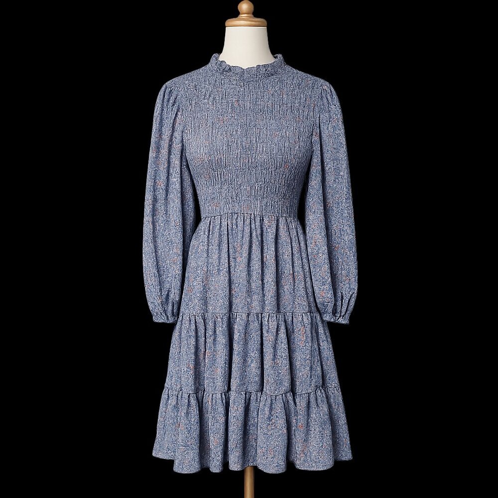 Elloh Smocked Floral Midi Dress M Blue Boho Prairie Cottagecore Tiered Romantic